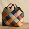 A sustainable handbag with a multicoloured diagonal hatch design