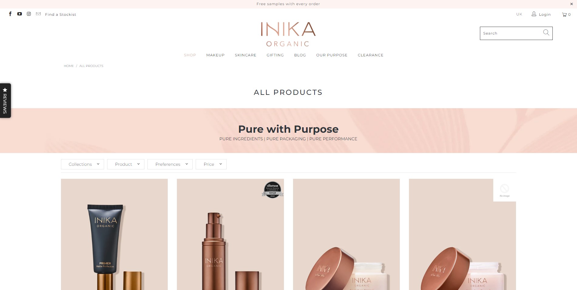 Screenshot of the Inika Organic website